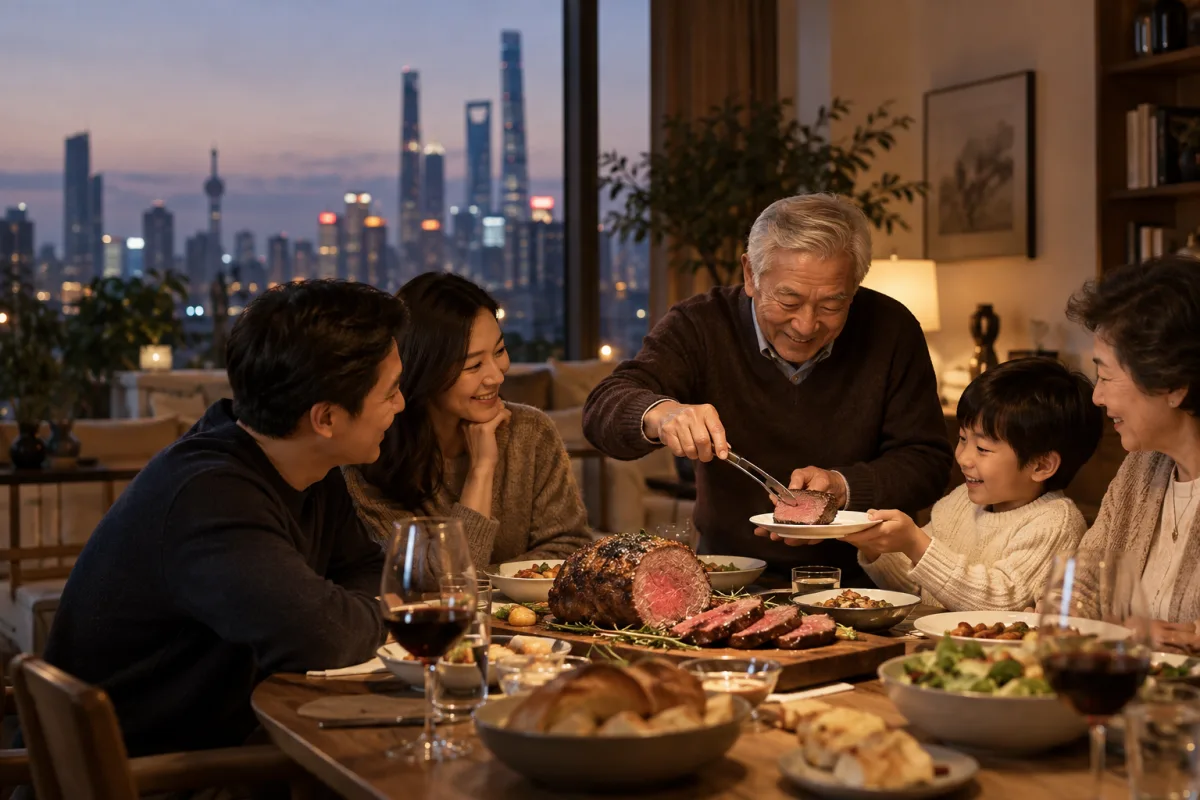 国内一家三代围坐分享节日晚餐的烤牛肉