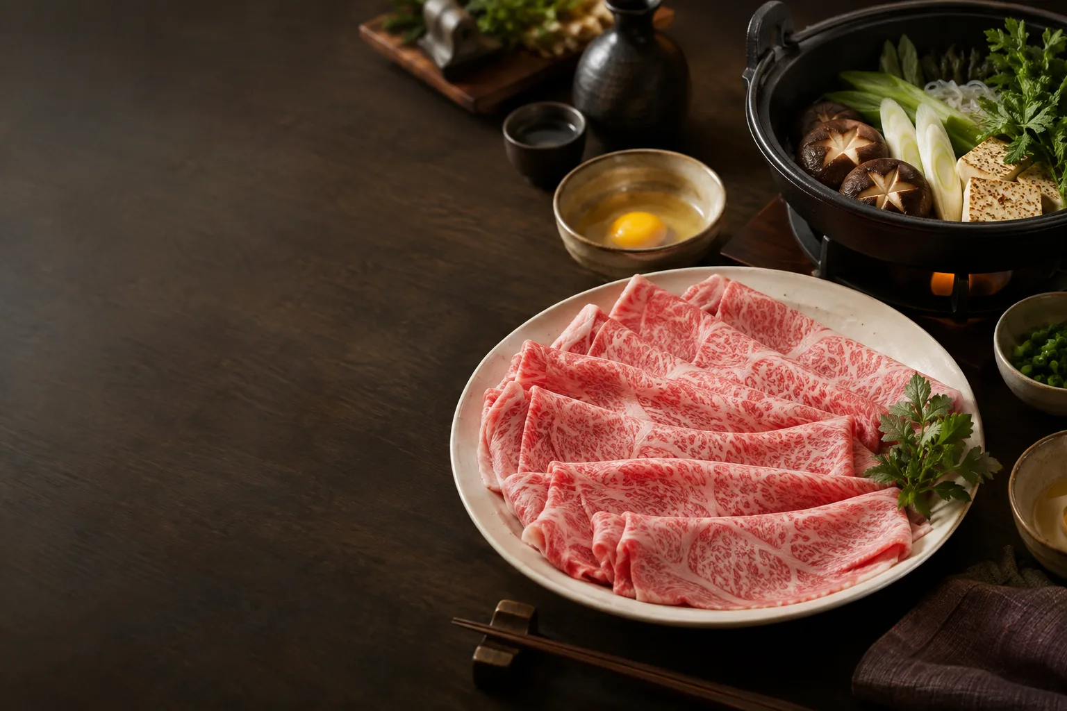 薄切り牛肉の皿と、野菜を添えたすき焼き鍋の食卓イメージ